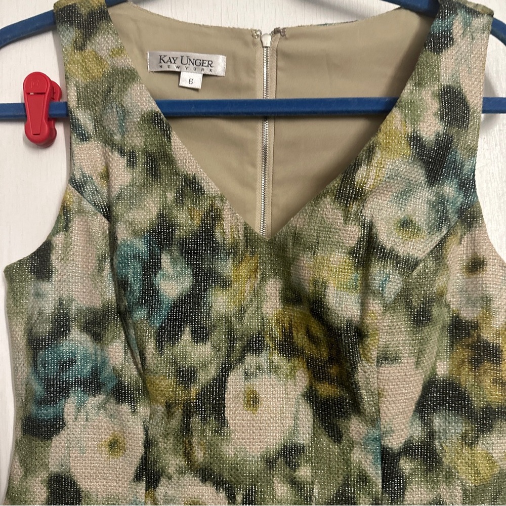 Kay Unger Beige green black cotton metallic sleeveless dress size 6 - Picture 3 of 11